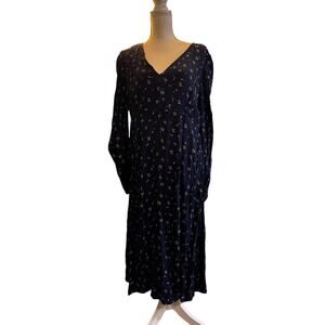 Long Sleeve Dropped Waist XL Blue Long Dress with Orange White Flowers 100 Poly